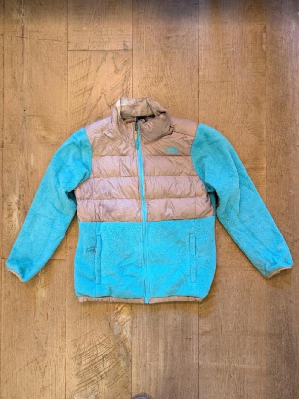 The North Face Down Fleece Hybrid Jacket Turquoise Grey Girls XL 18 / Women's S